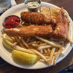 fish n chips n lemon n tartar n ketchup. (not pictured, my glass of wine)