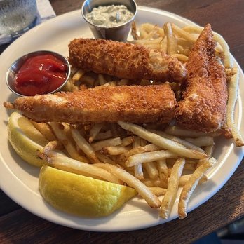 AJ's Old Town Steakhouse - fish n chips n lemon n tartar n ketchup. (not pictured, my glass of wine) - Steakhouses Near Me - Homer, Alaska