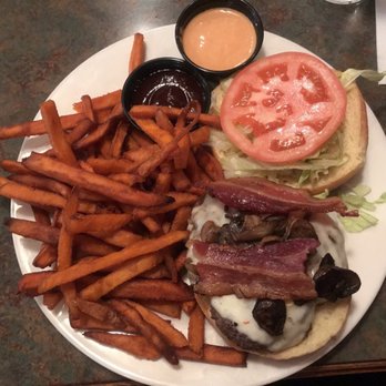 Arthur's - Arthur's burger with sweet potato fries- added pepper jack cheese, mushrooms, bacon as part of burger madness - Burgers Near Me - Cincinnati, Ohio