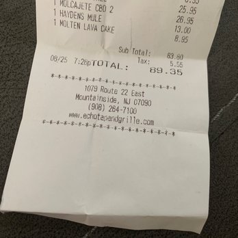 Echo Tap & Grille - Receipt - El Molcajete with the sticker tagged red pepper. - Bars Near Me - Mountainside, New Jersey