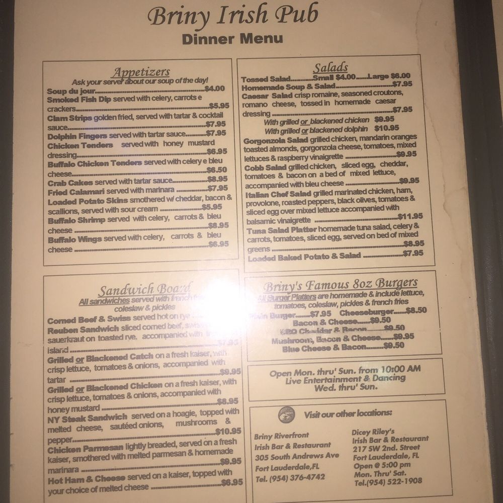 Briny Irish Pub - menus as of 9/16/16 - American Near Me - Pompano Beach, Florida