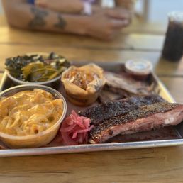 2 meat plate. Ribs & brisket w Gouda Mac & spicy greens. 2 meat plate. Ribs & brisket w Gouda Mac & spicy greens.