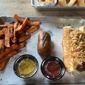 Dog Haus - Sweet potato fries, slider corn dog , The Cowboy dog - bacon wrapped dog, cheese sauce , fried onions & BBQ. Hold the bbq. - Burgers Near Me - Carson, California Dog Haus - Sweet potato fries, slider corn dog , The Cowboy dog - bacon wrapped dog, cheese sauce , fried onions & BBQ. Hold the bbq. - Burgers Near Me - Carson, California
