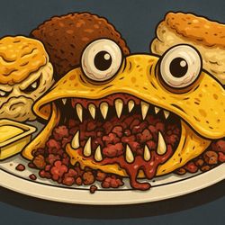 Berardi's Family Restaurant - Corn, beef, hash omelette, and a side of sausage, gravy and biscuits, cartoon character