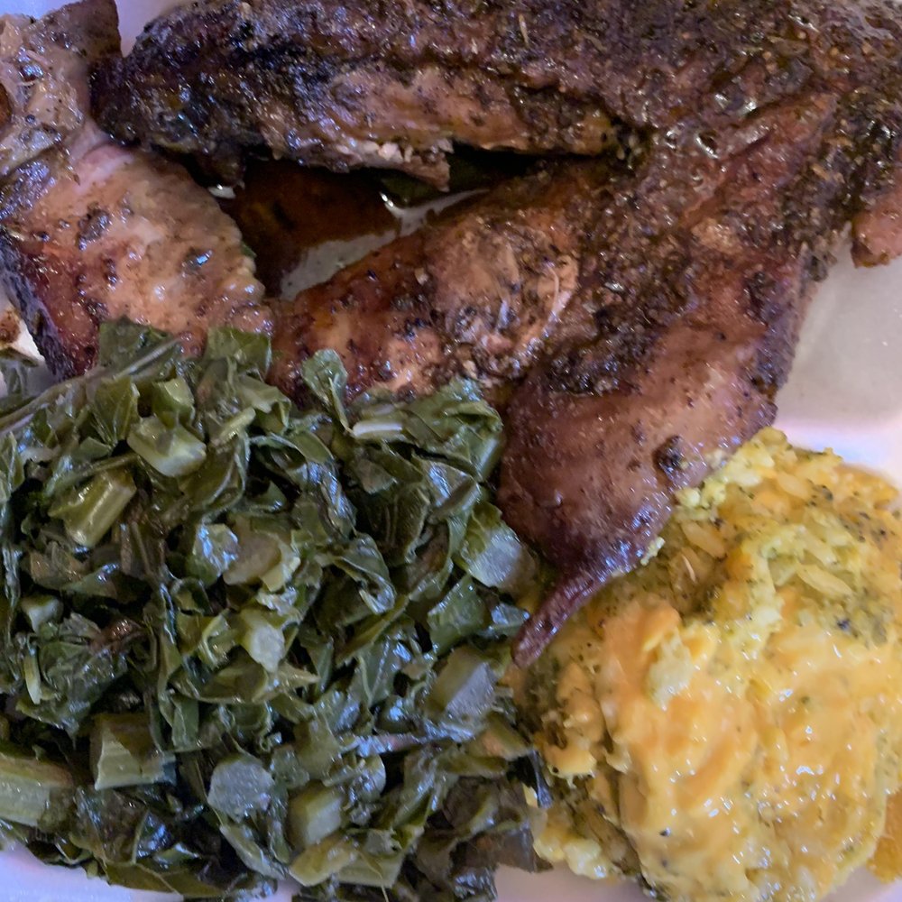 Big Daddy's Cafe - Jerk turkey wing, Broccoli casserole, and collard greens - Southern Near Me - Atlanta, Georgia