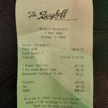 The Berghoff Restaurant - Lunch Receipt - Bars Near Me - Chicago, Illinois The Berghoff Restaurant - Lunch Receipt - Bars Near Me - Chicago, Illinois