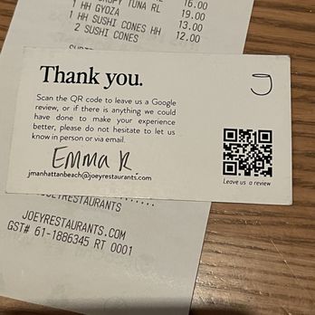 JOEY Manhattan Beach - "Thank you." Card that our server Emma gave me - New American Near Me - Manhattan Beach, California JOEY Manhattan Beach - "Thank you." Card that our server Emma gave me - New American Near Me - Manhattan Beach, California