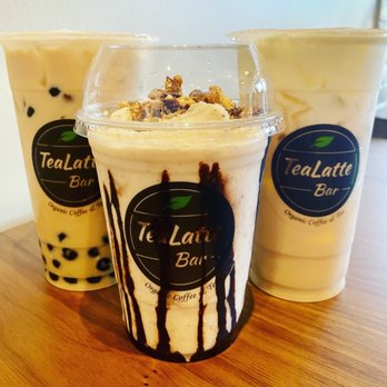 TeaLatte Bar - Left to right: Milk tea with cheese foam & pudding, Twix Crumble, & Jasmine Milk Tea with Boba - Coffee & Tea Near Me - Coppell, Texas