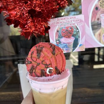Tsopelli Bakery - Demon slayer concha cold foam. Poster in the back for reference. - Desserts Near Me - Houston, Texas