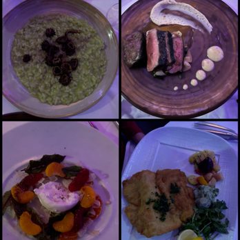 Spago - 1. Risoto with mushrooms 2. Beef sirloin 3. Burrada cheese with tangerine and blood orange 4. Basically beef Milanese - New American Near Me - Beverly Hills, California Spago - 1. Risoto with mushrooms 2. Beef sirloin 3. Burrada cheese with tangerine and blood orange 4. Basically beef Milanese - New American Near Me - Beverly Hills, California