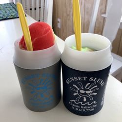 Sunset Slush Classic Italian Ice - Sandcastles Sweets & Treats - Cold refreshing treat...Sonic flavor (lemon lime/cherry combo) on the left and lemon lime on the right.