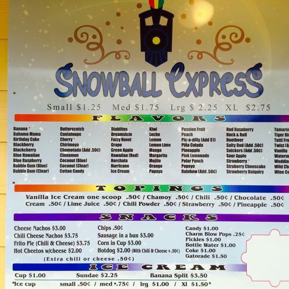 Snowball Express - Menu choices - Shaved Ice Near Me - Rosenberg, Texas