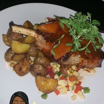 The Row Harlem - Pork chops with potatoes and a veggie melody (which was cold) and topped with peaches and garnish. - Lounges Near Me - New York, New York The Row Harlem - Pork chops with potatoes and a veggie melody (which was cold) and topped with peaches and garnish. - Lounges Near Me - New York, New York