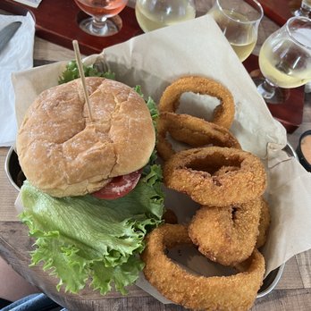 Big Mountain Ciderworks - BMC burger and onion rings - Cideries Near Me - Kalispell, Montana