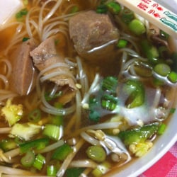Pho Saigon Vietnamese Restaurant - Pho soup with slices of rare beef and Asian meatball.