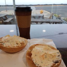 Bagel with veggie cream cheese and maple latte