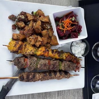Fusion Restaurant & Bar - Mixed Grill Plate, with chicken, filet mignon and kafta meats and beet salad - Mediterranean Near Me - Mcdonough, Georgia