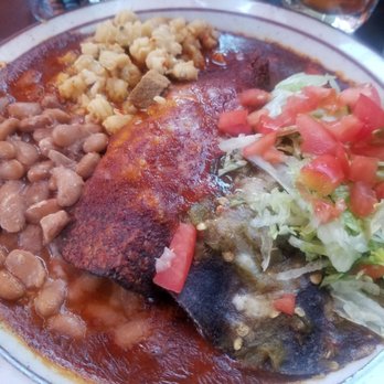 The Shed - Spinach enchiladas rolled to accommodate some posole with dem beana - New Mexican Cuisine Near Me - Santa Fe, New Mexico
