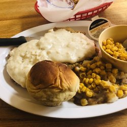 Junction 166 Cafe - Chicken Fried Steak, Creamed (mashed) Potatoes, Corn and Roll.