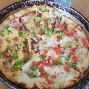 Midway Pizza - 10" Deep Dish: Half Thunderbird (Left) and Half King Creole (Right) - Pizza Near Me - New Orleans, Louisiana Midway Pizza - 10" Deep Dish: Half Thunderbird (Left) and Half King Creole (Right) - Pizza Near Me - New Orleans, Louisiana