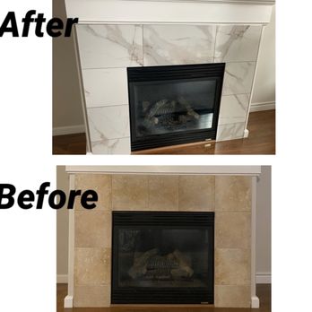Surface Worlds - a before and after picture of a fireplace - Flooring Near Me - Portland, Oregon Surface Worlds - a before and after picture of a fireplace - Flooring Near Me - Portland, Oregon