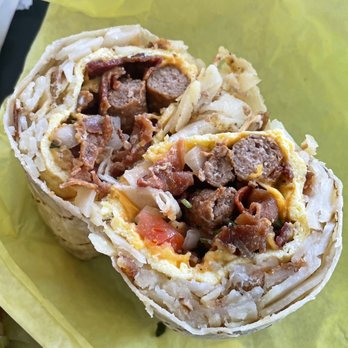 Lucky Boy - Breakfast Burrito with half bacon half sausage - Burgers Near Me - Pasadena, California Lucky Boy - Breakfast Burrito with half bacon half sausage - Burgers Near Me - Pasadena, California