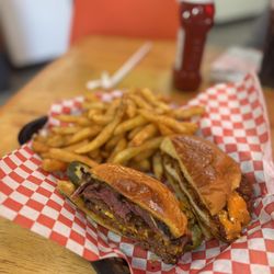 Smashway Burgers - Left side is pastrami right is chicken. Fries were soooooo good