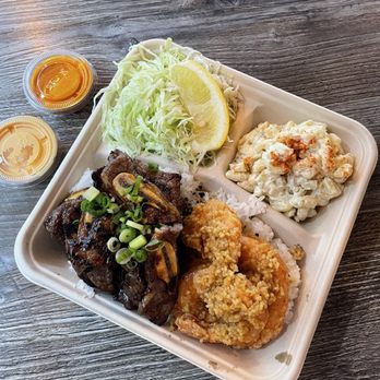 Honu Hawaiian BBQ - Galbi short rib plate with half an order of garlic shrimp - Hawaiian Near Me - Rowland Heights, California Honu Hawaiian BBQ - Galbi short rib plate with half an order of garlic shrimp - Hawaiian Near Me - Rowland Heights, California