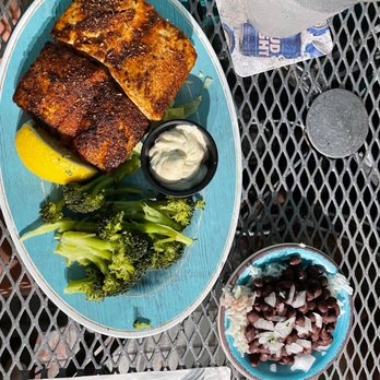 Beach Waves Grill - Mahi Mahi dinner with black beans and broccoli sides. - Seafood Near Me - Indian Rocks Beach, Florida