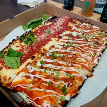 A Guy and His Pie - Half OG/half Buffalo Chicken ( after I started to destroy  the beautiful basil sprig served on the side ) - Pizza Near Me - Pawtucket, Rhode Island