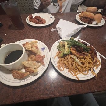 China Buffet - Lo Vegetable Chow Mein, Gyoza with Ponzu Sauce, Sesame Chicken, Egg Roll, Calamari, Green Beans, Black Pepper Chicken, Korean Chicken - Chinese Near Me - Greensboro, North Carolina