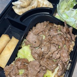 Beef bento box, lots of rice underneath, good lunch size