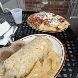 Chorizo breakfast burrito and chilaquiles