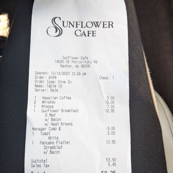 Sunflower Cafe - The Bill - Breakfast & Brunch Near Me - Renton, Washington