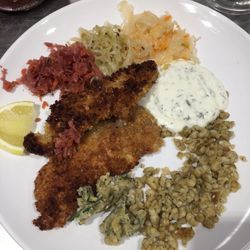 Massachusetts Ave Project - From their Octoberfest cooking class - pork schnitzel, spaetzle dumplings, 3 kinds of sauerkraut, and fixings!