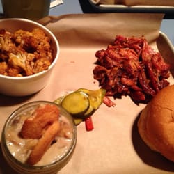 Pulaski Heights BBQ - Pulled rib sandwich plate with smoked cauliflower and banana pudding