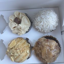 B's Sweet Treats & More - Top left to right: Reese's cupcake and coconut cupcake Bottom left to right: Banana pudding cookie and German chocolate cupcake