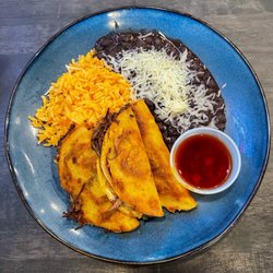 Los Compadres - The lovely-plated plate of occasionally available savory juicy birria tacos!!! Oh, please, eat these! Happiness!!!