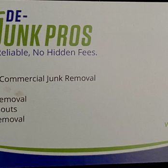De-Junk Pros - Business Card - A rectangular business card for De-Junk Pros in Albuquerque, NM, features the company logo, slogan, and list of services including junk removal, yard waste, appliance removal, office cleanouts, and furniture removal. The card displays a QR code in the top right corner and a promotional $10 off offer with the note 'With Card Present.' The design uses green, blue, and purple colors with a curved green line at the bottom. - Junk Removal & Hauling Near Me