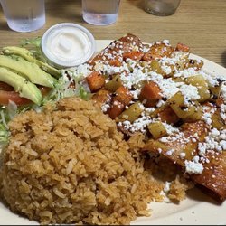 Morelia's Taqueria - Cheese enchiladas with salsa Roja, rice, refried beans, salad, and avocado