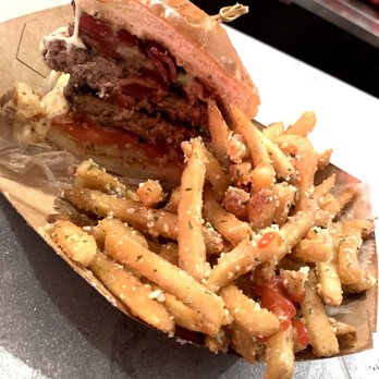 Mudhook Bar & Kitchen - The Mudhook Standard Burger with Truffle Parmesan Fries - Burgers Near Me - Duncanville, Texas