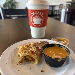 Mayalu Coffee - Curry chicken puff with curry dipping sauce and Mexican Mocha