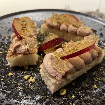 Folly - Foie Gras Mousse "Sauterne Gelee, Pistachio Dust, Condensed Plum, Toast" My first Foie Gras and I'm hooked! - New American Near Me - Wilmington, Vermont Folly - Foie Gras Mousse "Sauterne Gelee, Pistachio Dust, Condensed Plum, Toast" My first Foie Gras and I'm hooked! - New American Near Me - Wilmington, Vermont