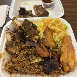 Mair's Grocery - Jerk chicken, rice and beans and steamed cabbage.