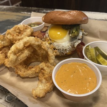 Jack’s Public House - Jack's sunrise burger with onion rings - Pubs Near Me - Braselton, Georgia Jack’s Public House - Jack's sunrise burger with onion rings - Pubs Near Me - Braselton, Georgia