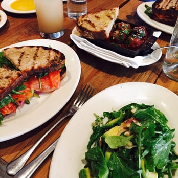 Gjelina - Braised meatballs, salmon Salami sandwich on the left, and grapefruit and avocado sandwich. Ginger drink also shown. - New American Near Me - Venice, California