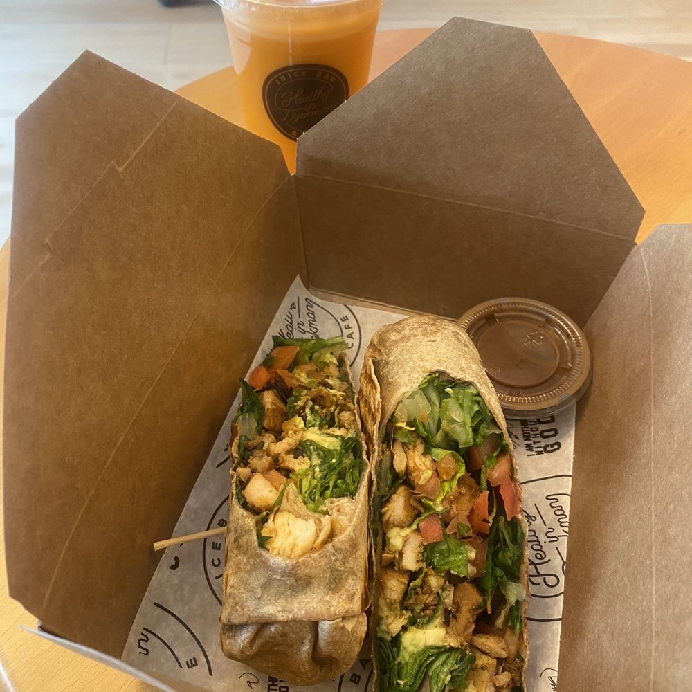 Grilled chicken wrap and Dyckman Run Club juice Grilled chicken wrap and Dyckman Run Club juice