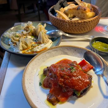 Meyhouse - Turkmen manti dumplings, eggplant kopoglu, bread. - Turkish Near Me - Palo Alto, California