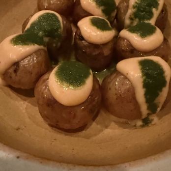 Pagu - Patatas Bravas had a good potato bite that was dolloped with a Thai chili alioli and mojo verde - Japanese Near Me - Cambridge, Massachusetts Pagu - Patatas Bravas had a good potato bite that was dolloped with a Thai chili alioli and mojo verde - Japanese Near Me - Cambridge, Massachusetts