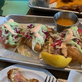 Sunset Cantina - Crispy Shrimp Tacos -  Beer Battered Shrimp, Avocado & Chipotle Crema, Pickled Onions, Shredded Cabbage - Cocktail Bars Near Me - San Francisco, California